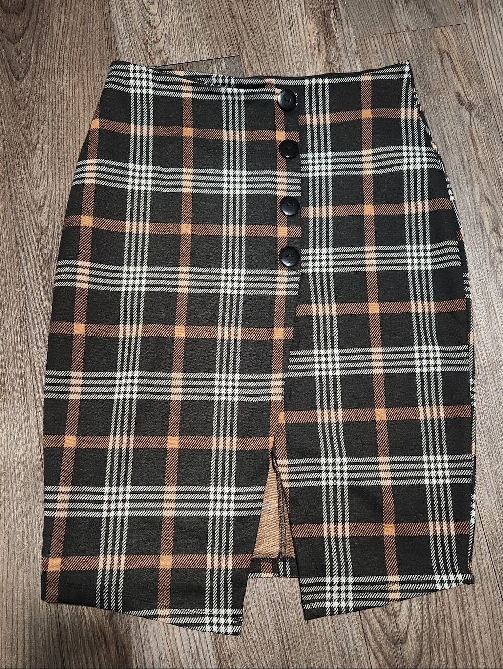 Derek Heart Black Plaid Pencil Skirt with Tan Accents